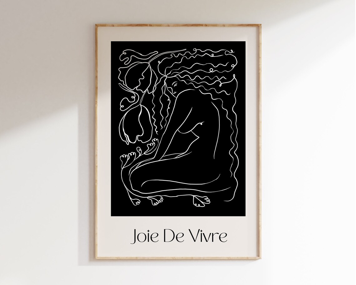 Joie De Vivre Black White Nude Line Art Reclining Figure Poster