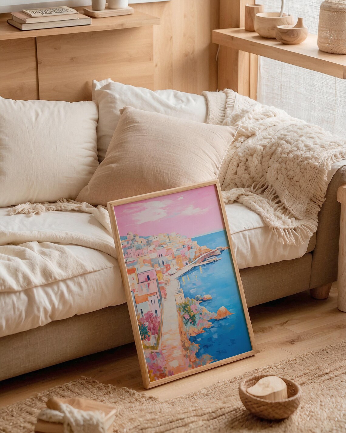 Pastel Mediterranean Coastal Town Painting Pink Sky And Blue Sea Poster - Image 2
