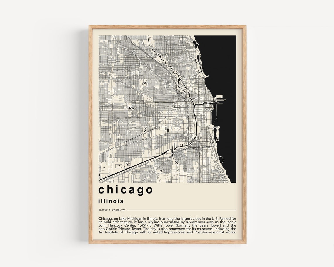 Chicago Illinois Black and Cream Minimalist City Street Map Poster