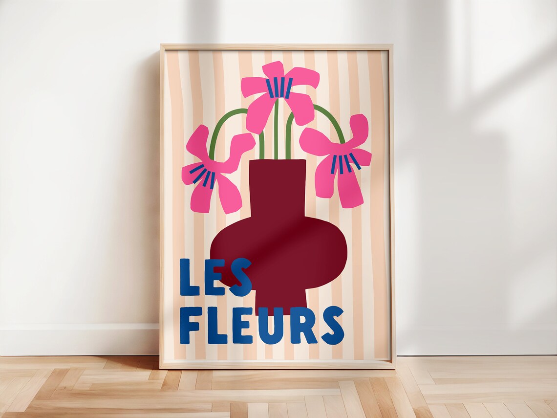 Les Fleurs Pink Flowers Burgundy Vase French Flower Market Poster - Image 2