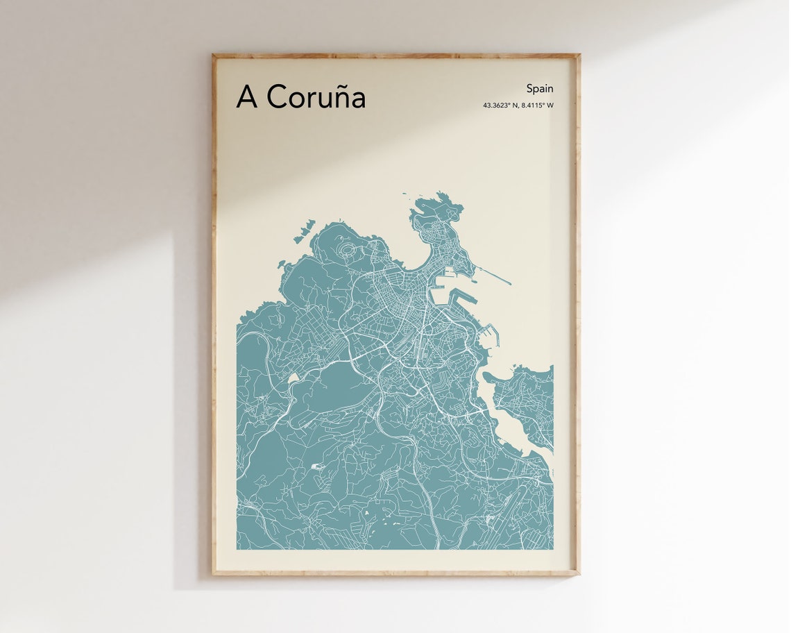 Elegant A Coruna Spain Teal and Cream Minimalist City Map Poster