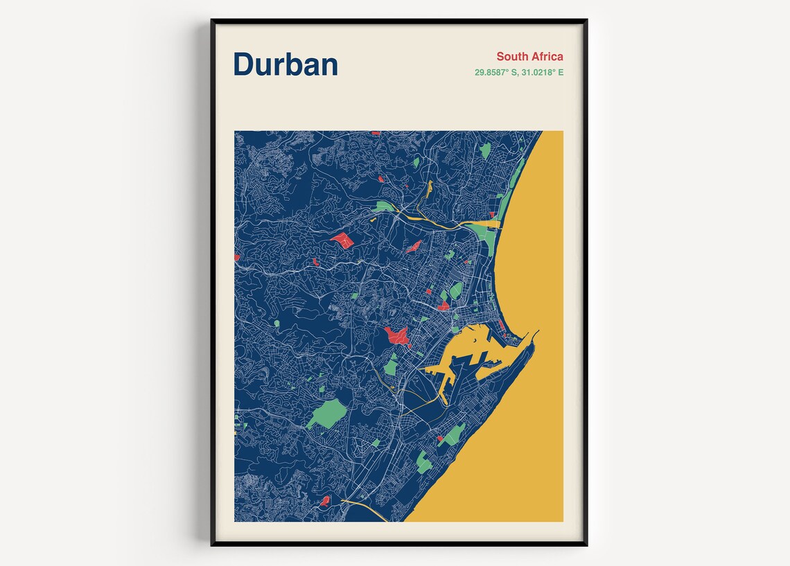 Durban South Africa Navy Gold Detailed City Street Map Poster