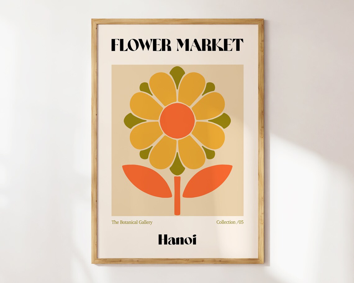 Hanoi Flower Market Retro 70s Mid-Century Art Print