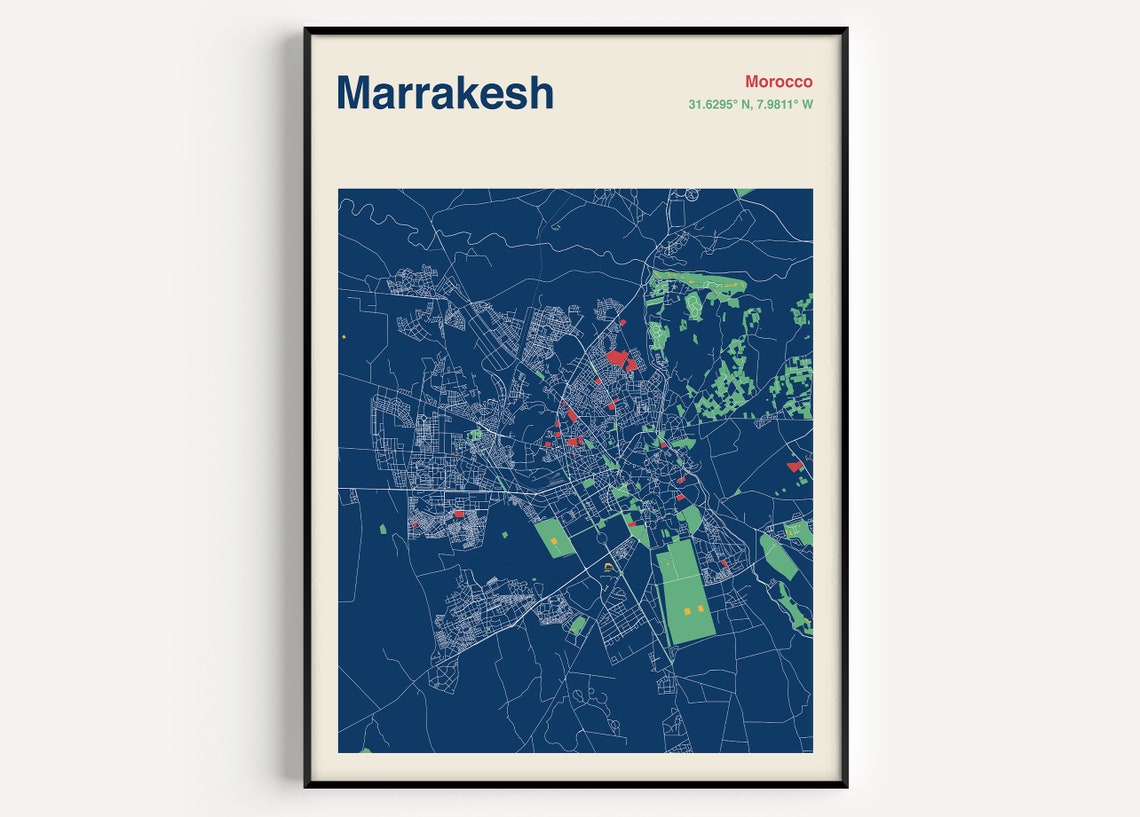 Marrakesh Morocco Vintage Navy Blue Detailed City Map Poster