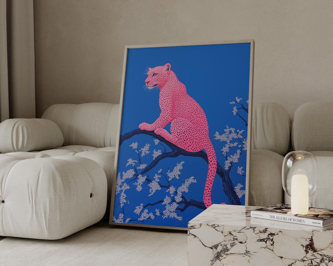 Pink Leopard Poster On Bright Blue Floral Branch Trendy Maximalist Art - Image 3
