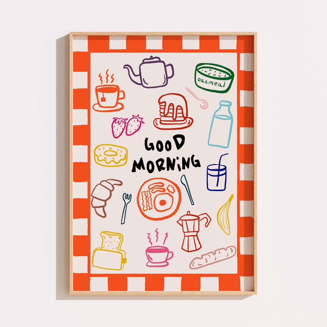 Good Morning Breakfast Icons Red Checkered Cafe Style Art Poster - Image 2