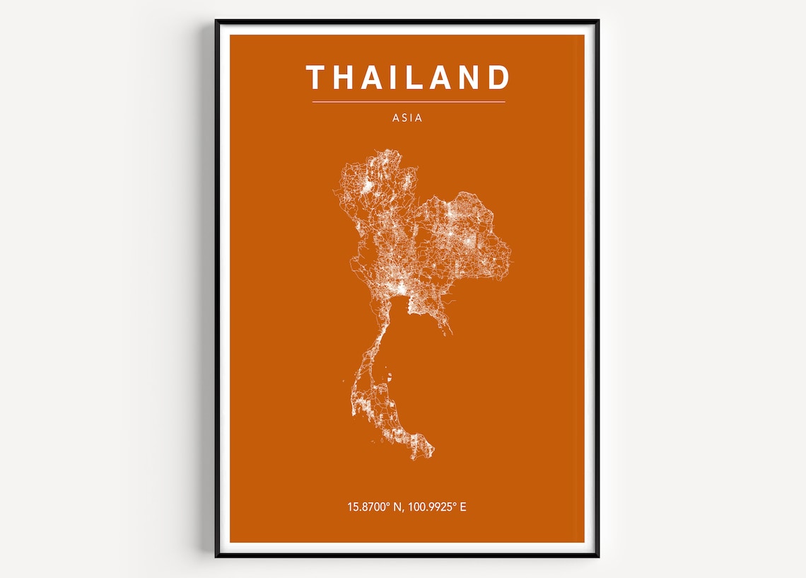 Thailand Asia Country Map Art Burnt Orange Line Style Poster