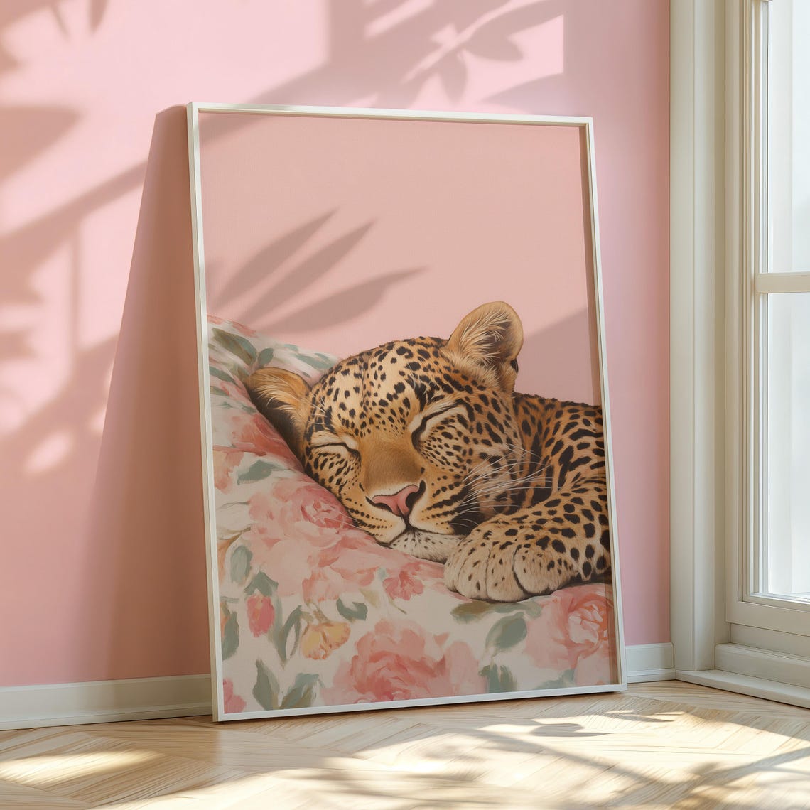 Sleeping Leopard Cub Resting On Floral Pillow Pink Bedroom Poster - Image 2