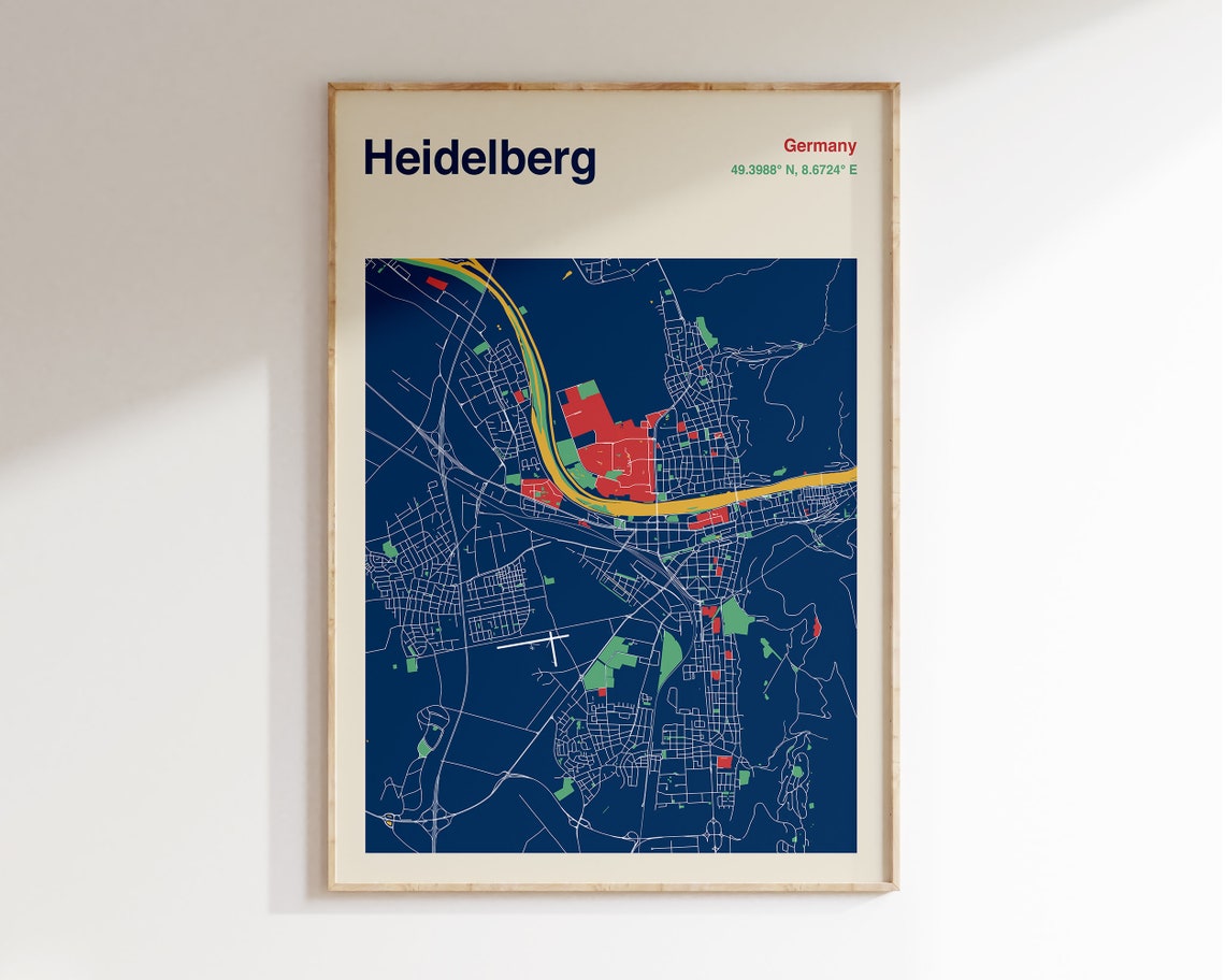 Heidelberg Germany Navy Blue Minimalist City Map Decor Poster