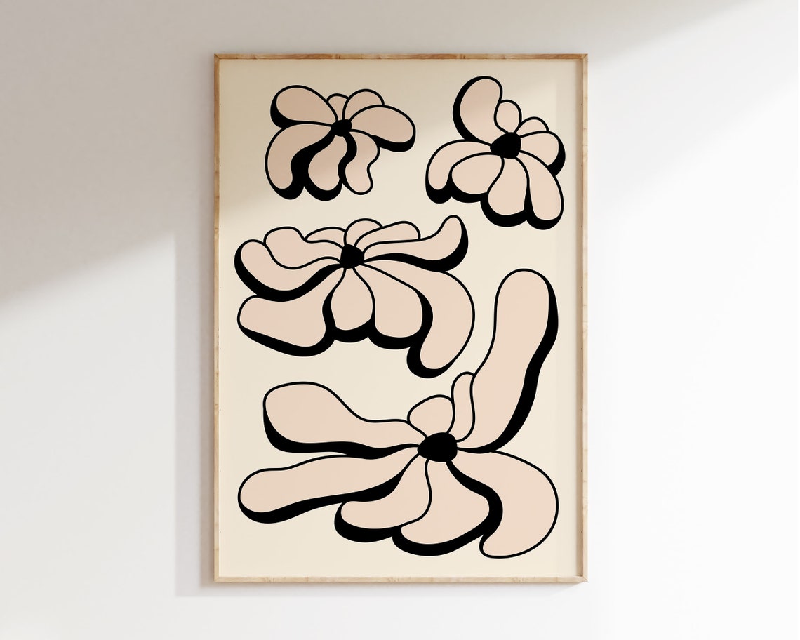 Cream Black Retro Flower Motif 70s Aesthetic Botanical Poster