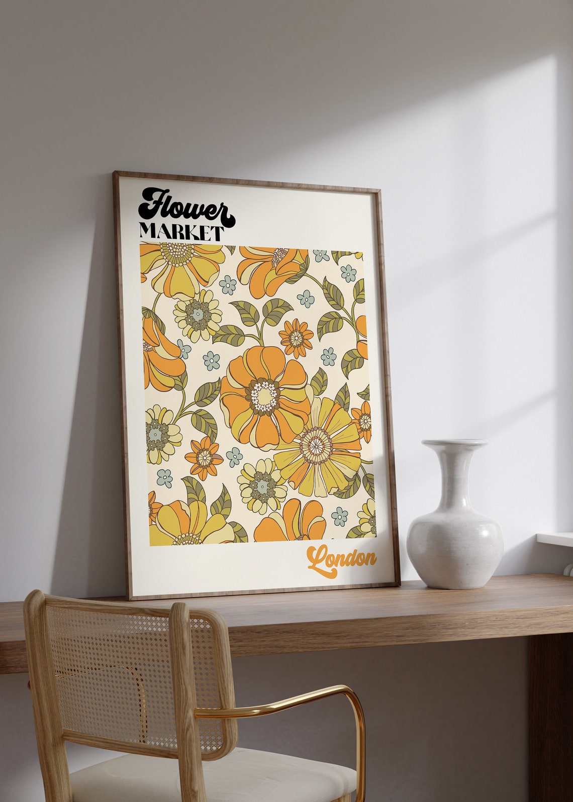 London Flower Market Retro 70s Bold Orange Floral Pattern Poster