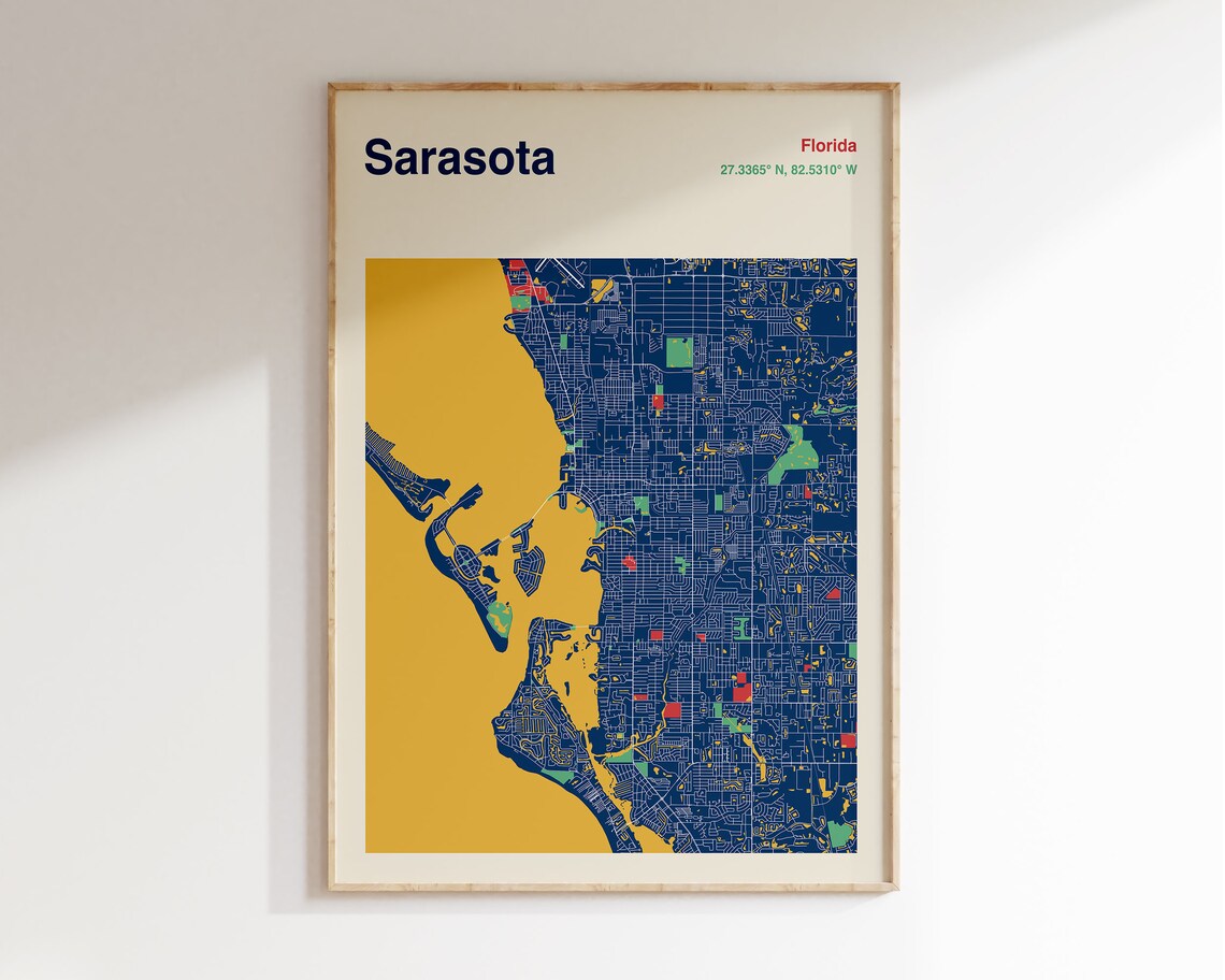 Sarasota Florida Colourful Coastal City Map Poster in Navy and Gold