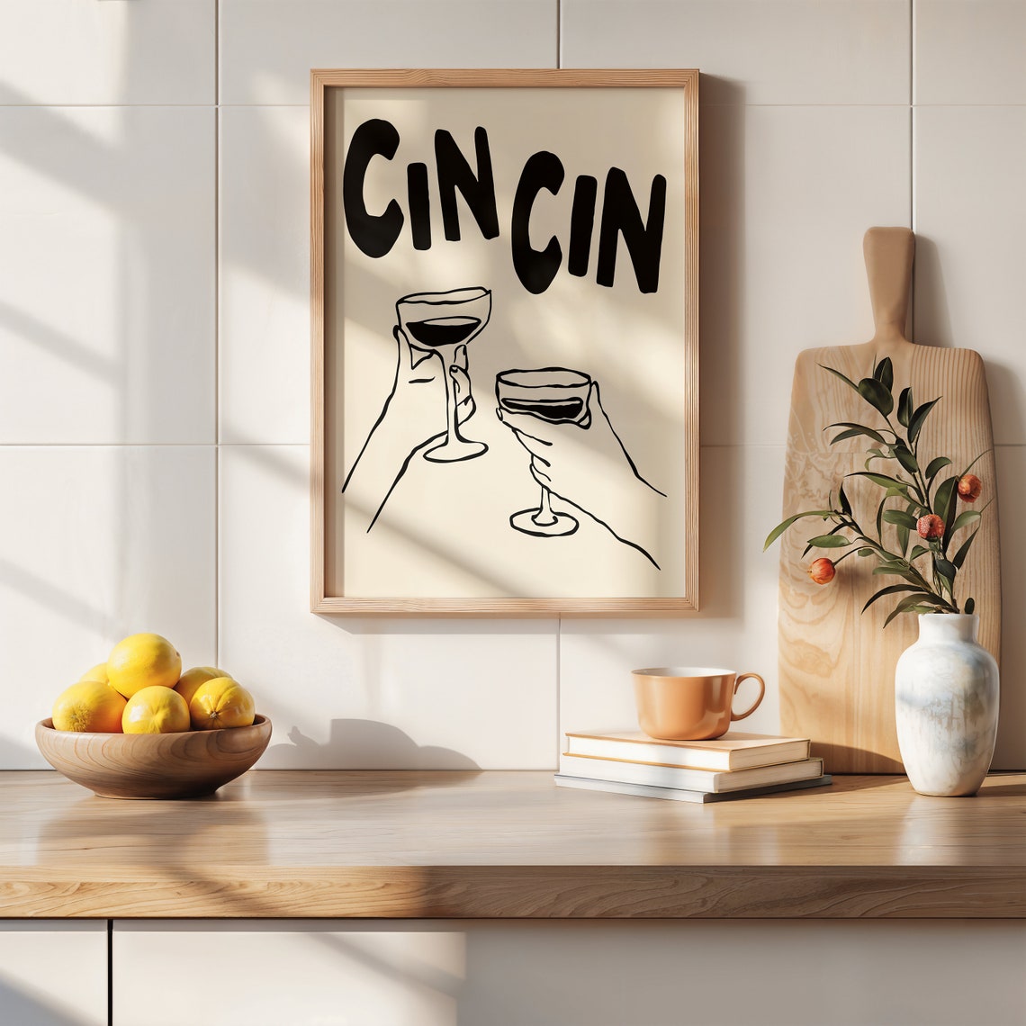 Cin Cin Black and Cream Wine Glasses Minimalist Cheers Poster - Image 3