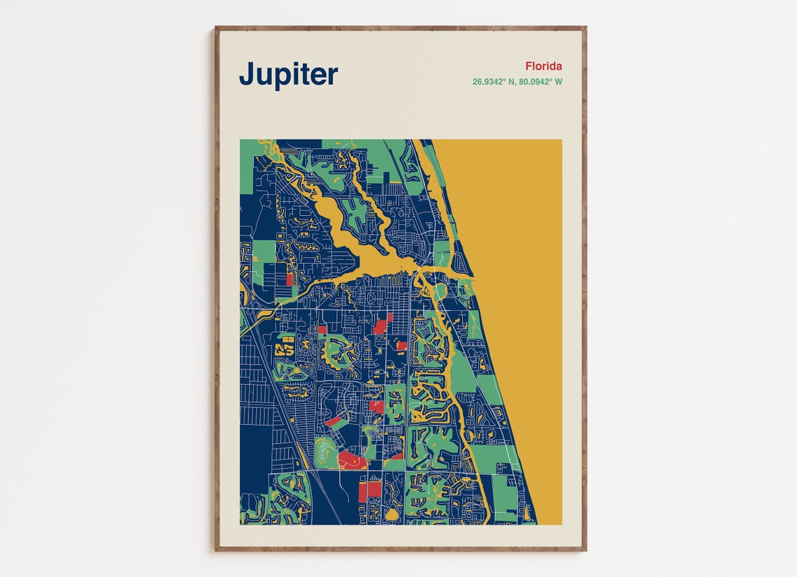 Vibrant Jupiter Florida Navy Blue and Gold Colorful City Map Poster