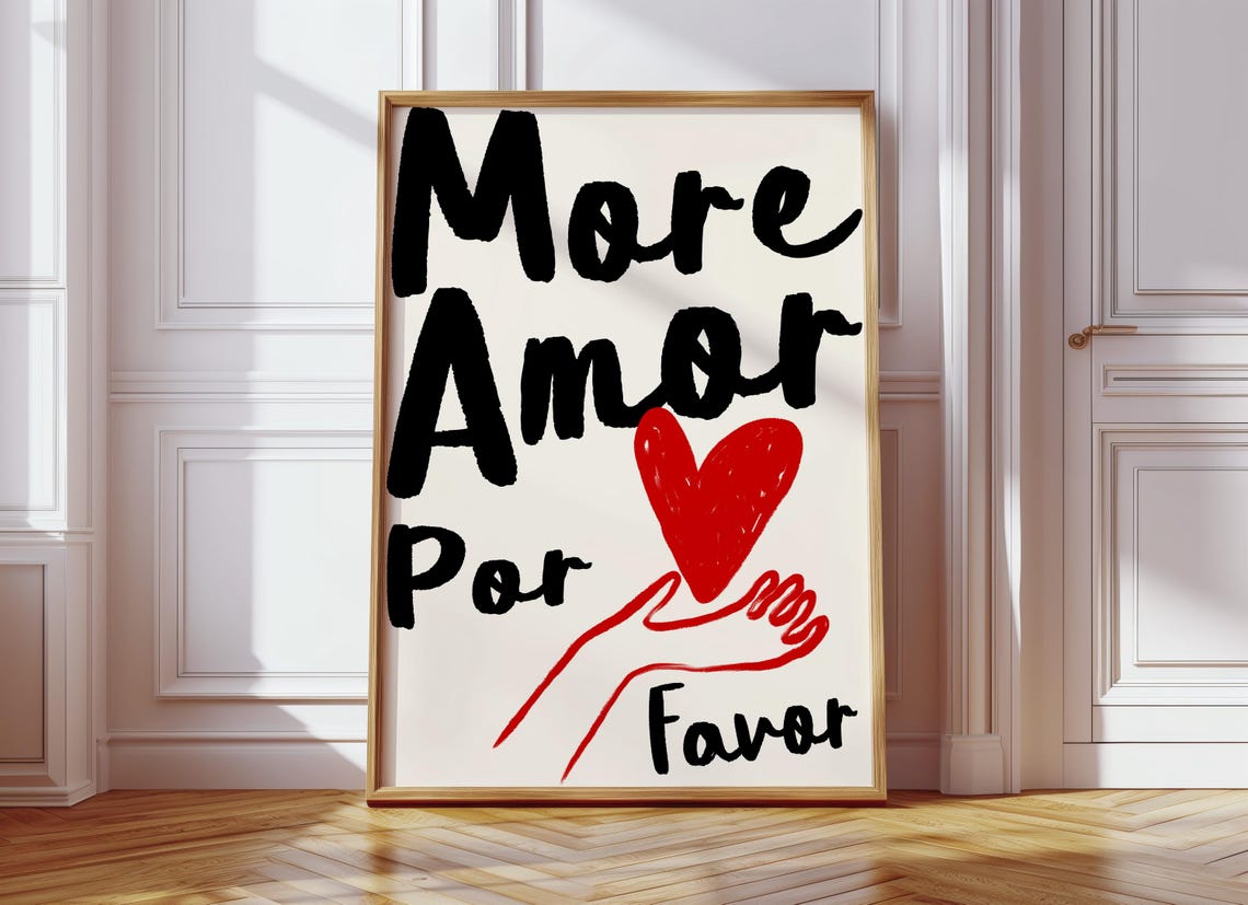 More Amor Por Favor Poster Black Script Red Heart Love Quote Design