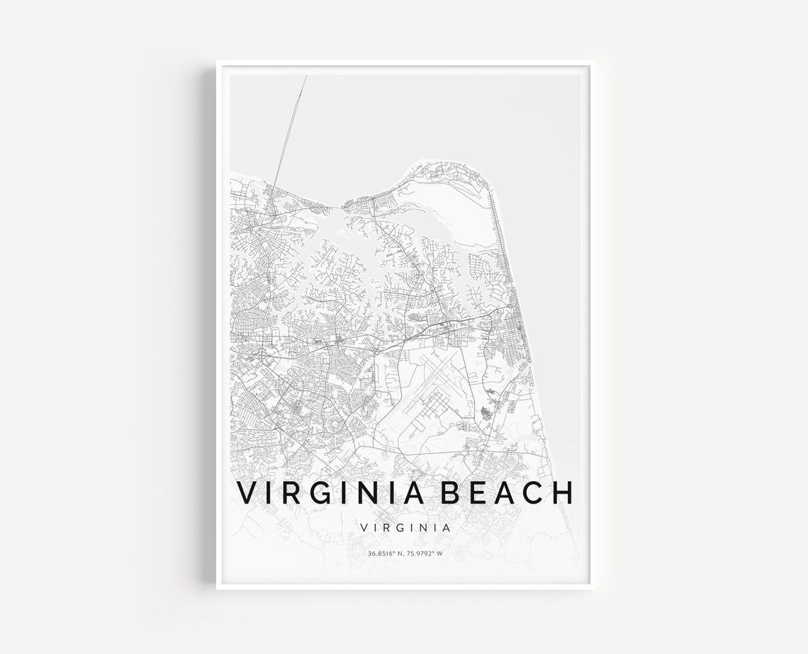 Virginia Beach Virginia Minimalist White Grey Coastal Map Poster