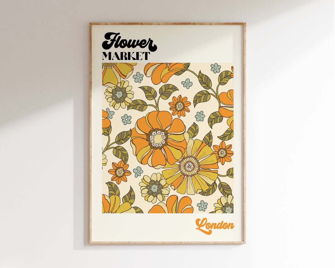 Flower Market Art Print Flower Market Poster Flower Market Wall Art Retro 70s Flower Market Yellow Retro Flowers Print F024 - Image 4
