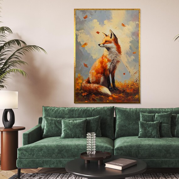 Autumn Red Fox in Falling Leaves Woodland Wildlife Art Poster