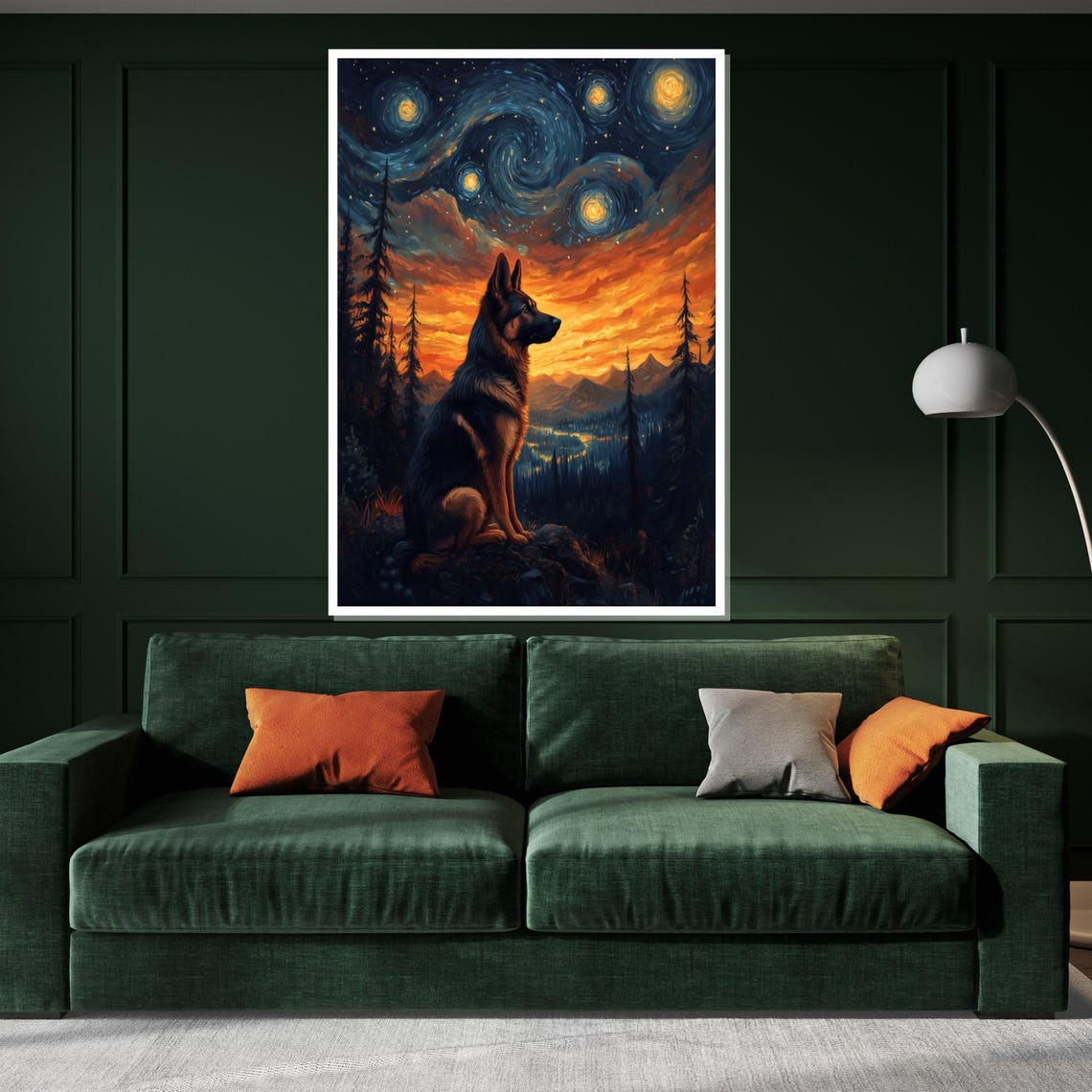 German Shepherd under Starry Night Sky Mountain Landscape Art Poster - Image 3
