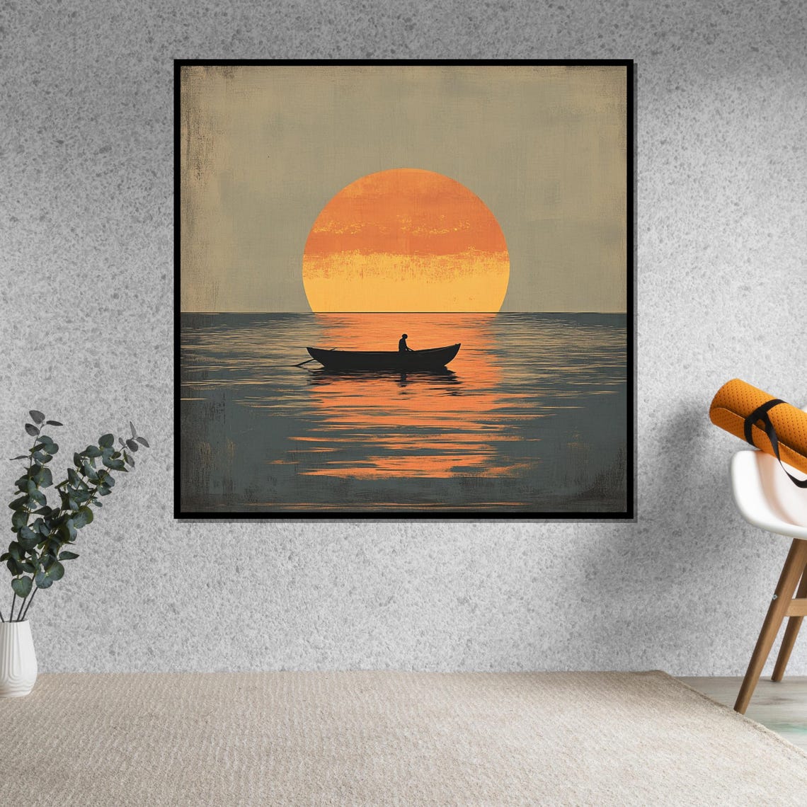 Lone Fisherman Rowboat Under Giant Orange Sun Minimalist Poster - Image 5