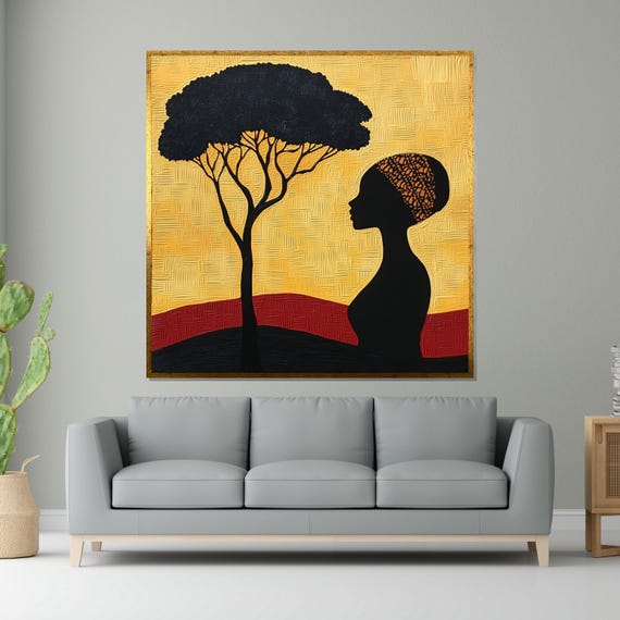 Silhouette Tree Canvas Wall Art African Woman Profile Ethnic Decor Framed Design Ready To Hang Decoration