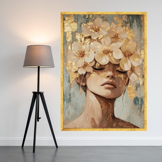 Elegant Woman With White Floral Crown Gold Leaf Accent Poster