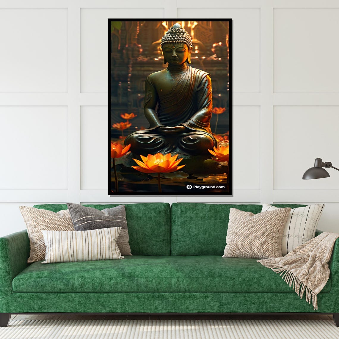 Bronze Buddha Statue Glowing Lotus Temple Night Garden Poster - Image 5