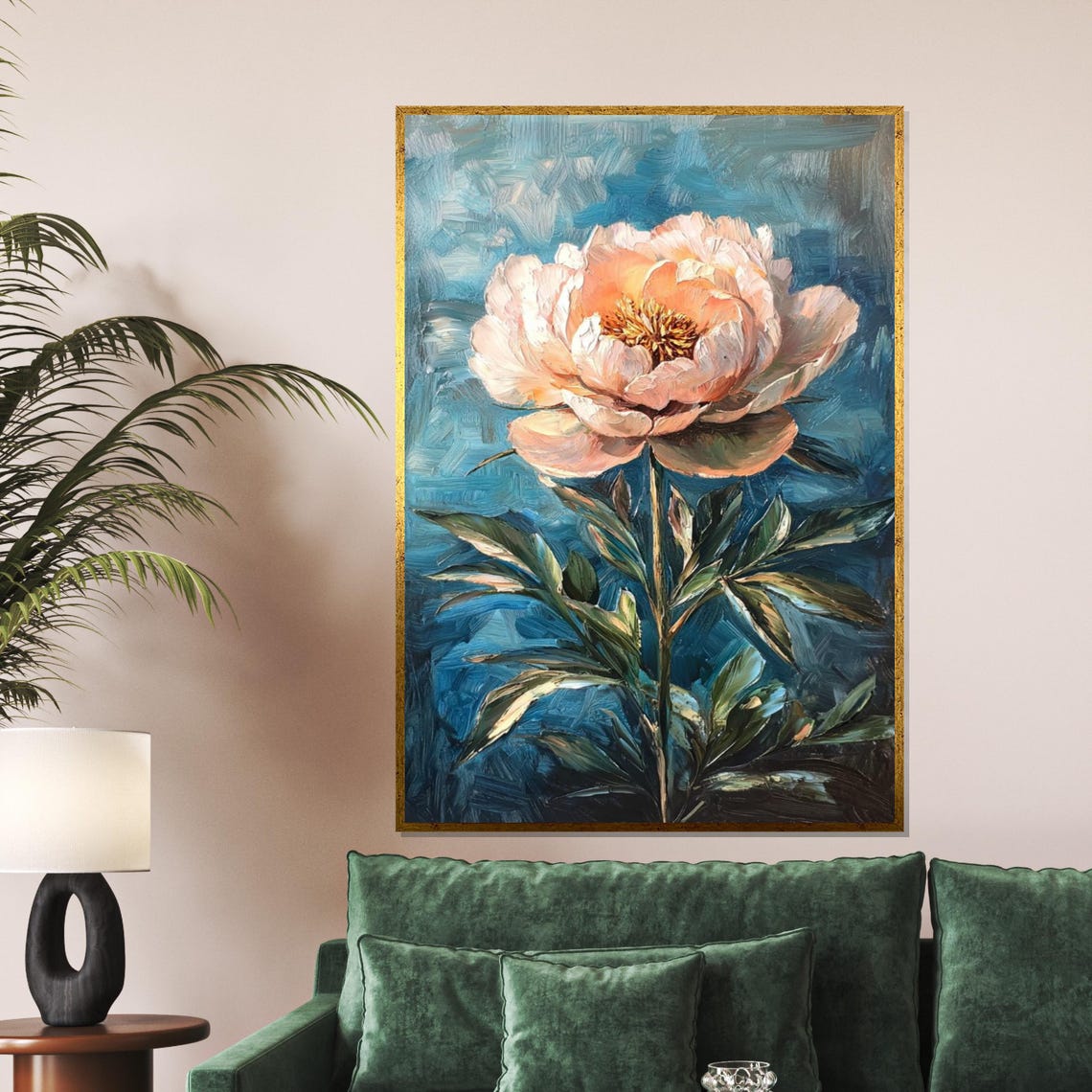 Blush Pink Peony Bloom On Teal Textured Oil Painting Floral Poster - Image 5