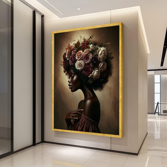 African Woman With Floral Afro Crown Warm Brown Portrait Poster