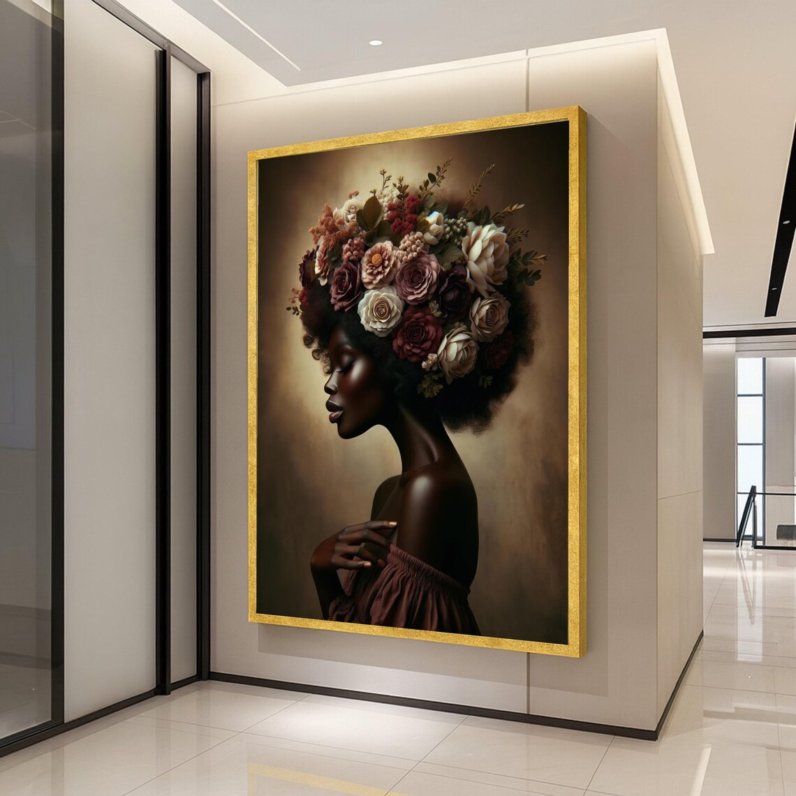 African Woman With Floral Afro Crown Warm Brown Portrait Poster