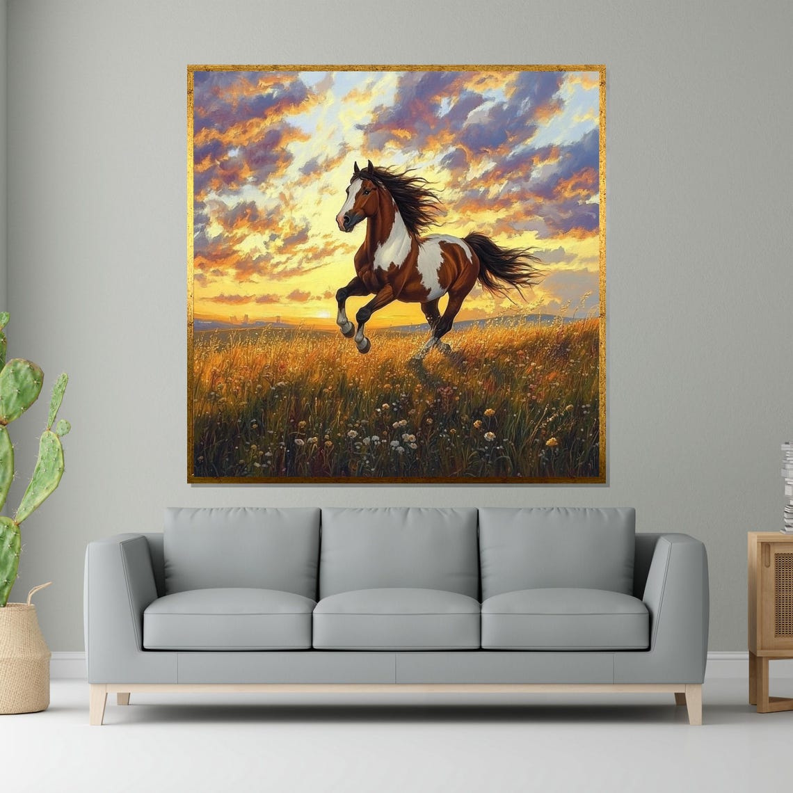Galloping Pinto Horse At Sunset Wild Meadow Equestrian Art Poster