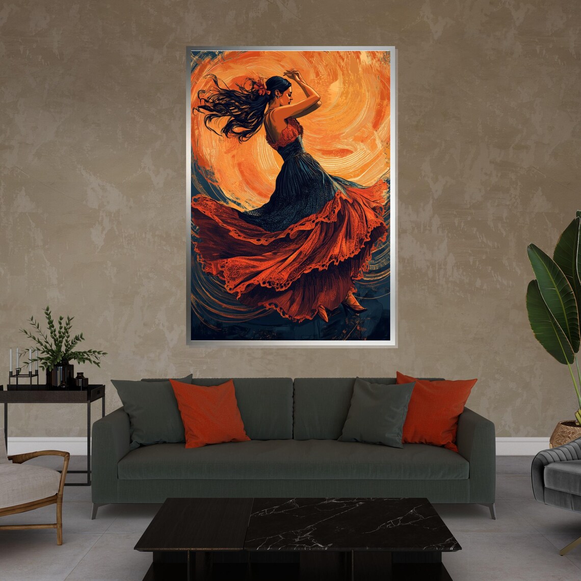 Flamenco Dancer in Black and Red Dress Fiery Orange Art Poster - Image 4