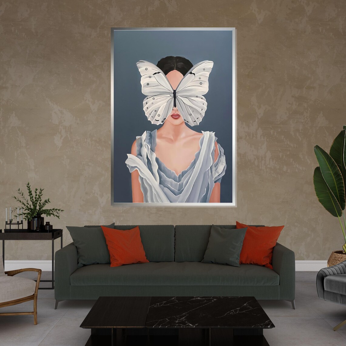 Woman With Butterfly Over Face Surreal Elegant Portrait Poster - Image 4