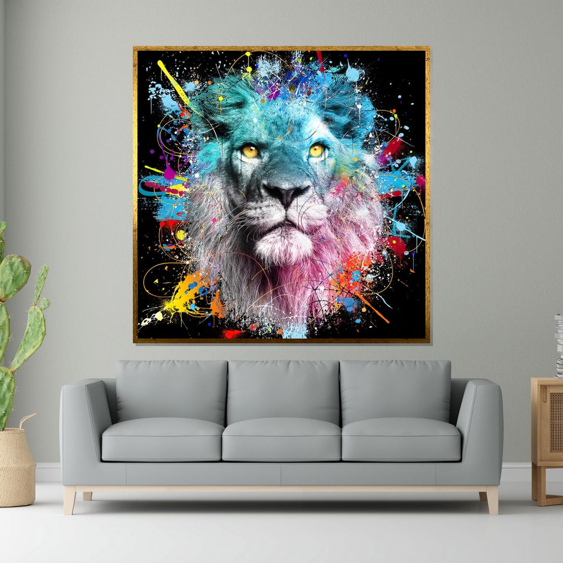Blue Lion Paint Splash Pop Art Multicolor Animal Portrait Poster