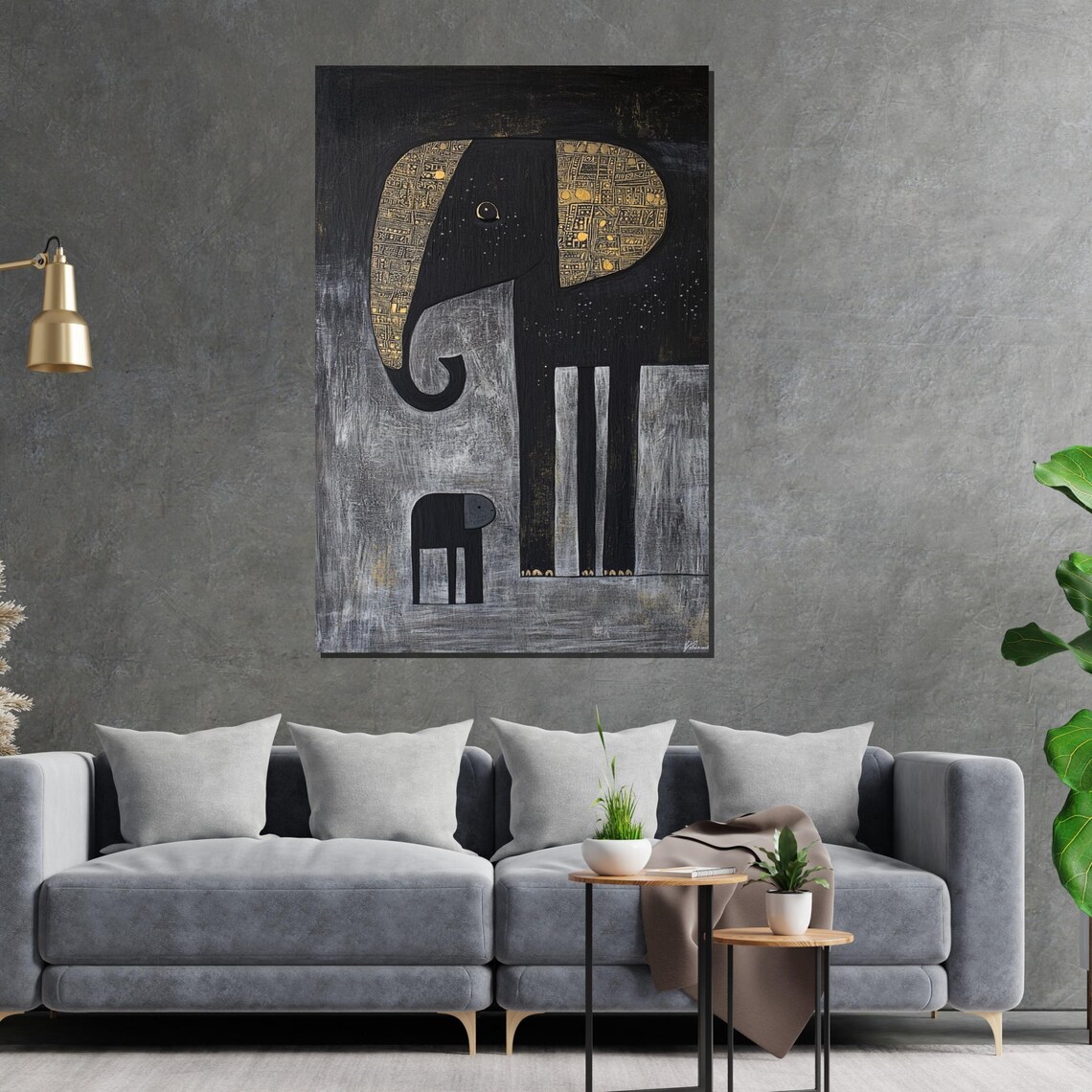 Elephant Mother Baby Black Gold Naif Style Tender Family Wall Art - Image 2