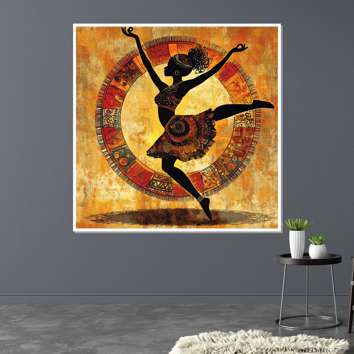 African Dancer Silhouette with Tribal Circle Golden Art Poster - Image 3