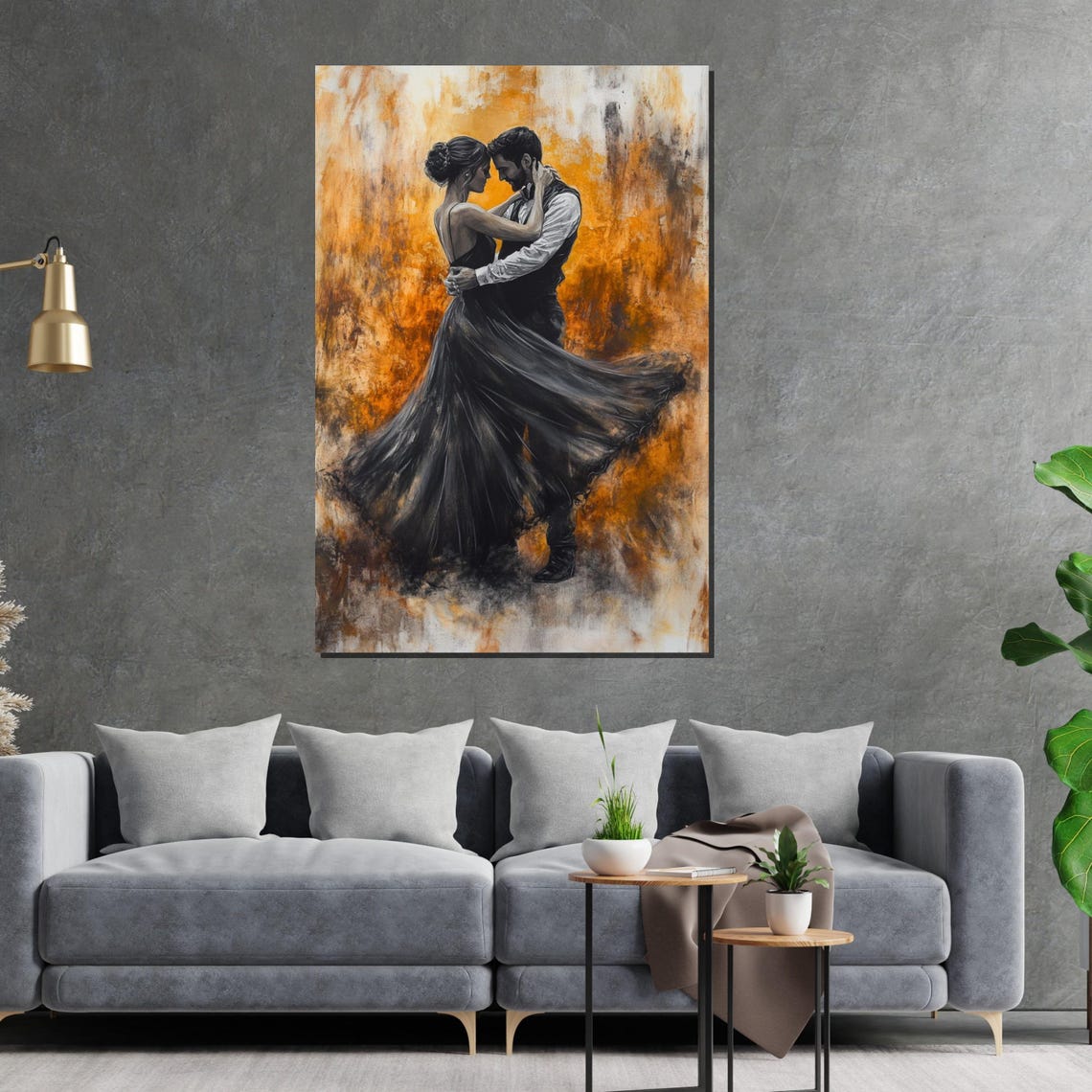 Romantic Dance Couple Black Gown Fiery Orange Canvas Art Poster - Image 2