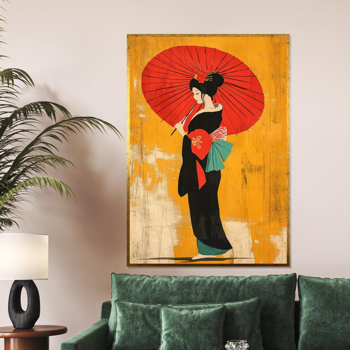 Japanese Geisha Red Parasol Kimono Elegant Asian Woman Portrait Poster