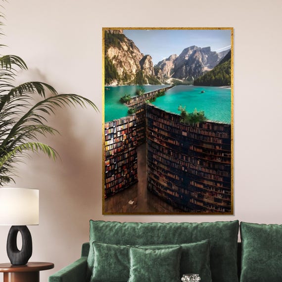 Mountain Library Surreal Book River Art Landscape Wall Print Wall Art Design Framed Decor Ready To Hang Art