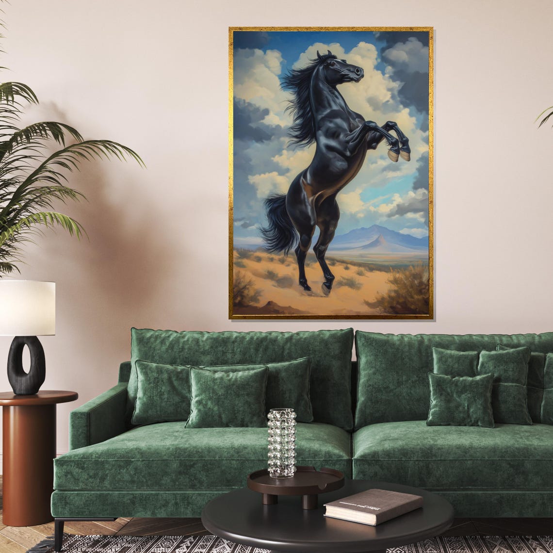 Black Stallion Rearing Desert Sunset Dramatic Equine Oil Art Poster