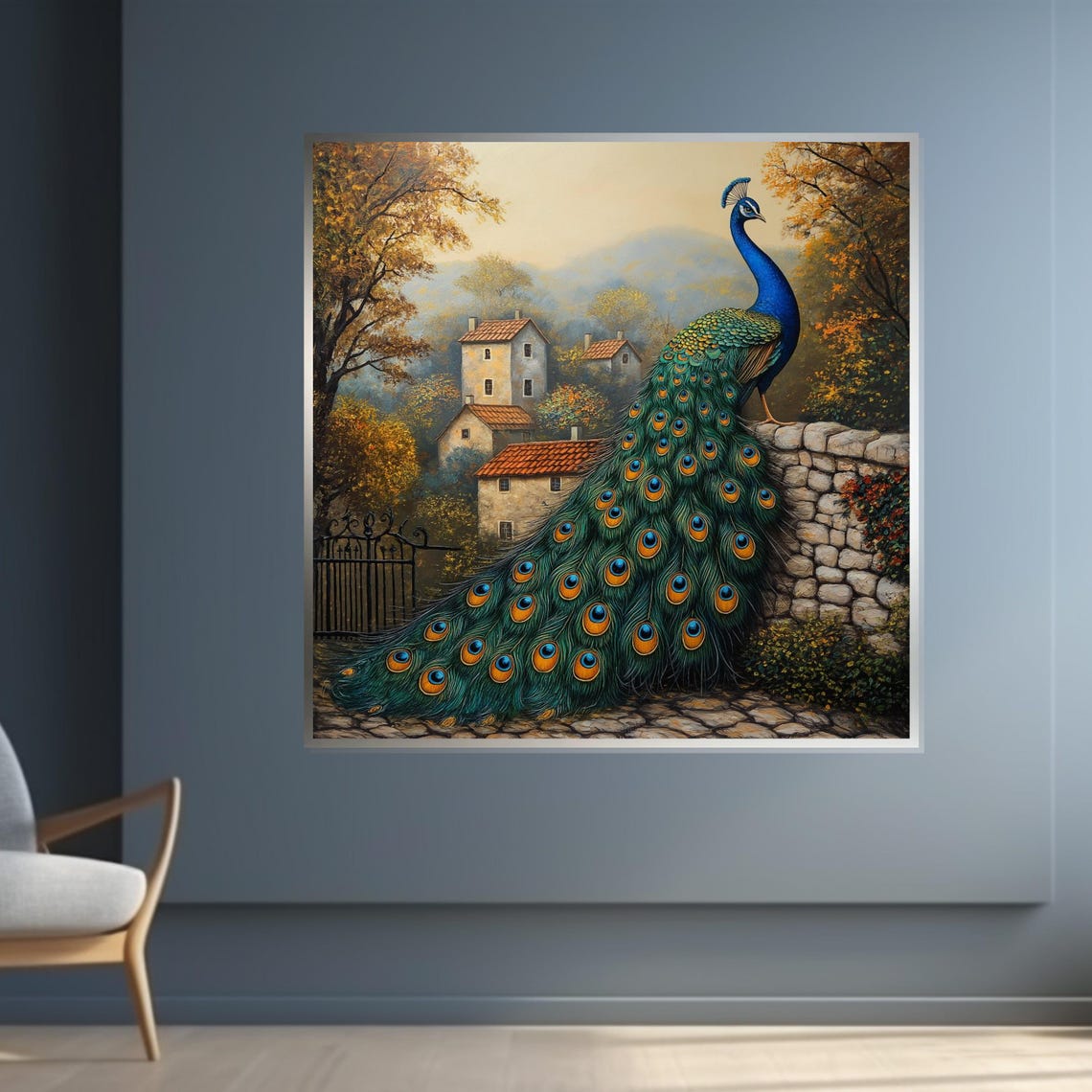 Peacock On Stone Wall Overlooking Tuscan Village Scenic Art Poster - Image 4
