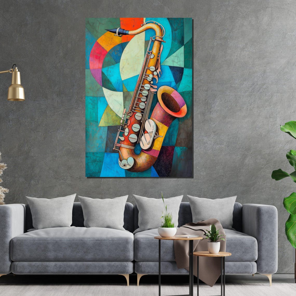 Colorful Cubist Saxophone Teal Gold Geometric Bold Modern Jazz Poster - Image 2