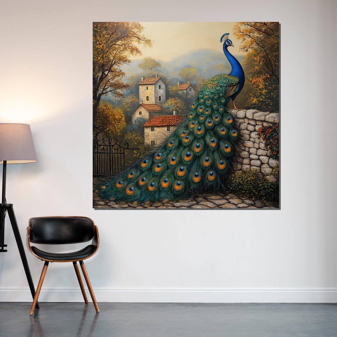 Peacock On Stone Wall Overlooking Tuscan Village Scenic Art Poster - Image 2