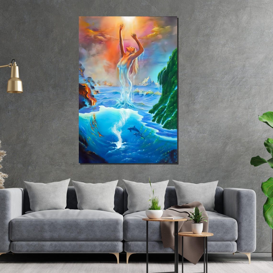 Water Goddess Rising From Ocean Waves Dolphins Fantasy Art Poster - Image 2