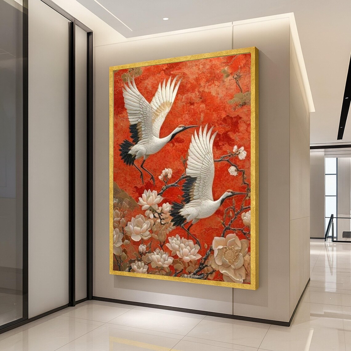 Elegant Cranes In Flight Asian Floral Wall Art