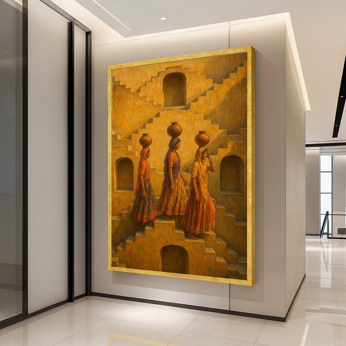 Indian Women Carrying Water Pots on Old Stone Stairs Art Poster