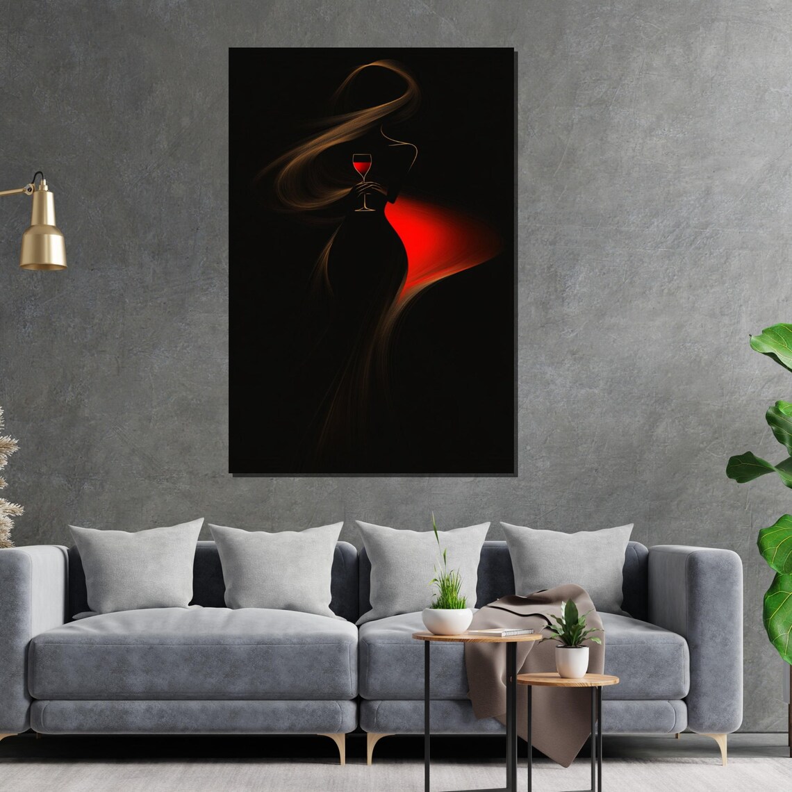 Elegant Woman Silhouette Holding Red Wine Glass Black Art Poster