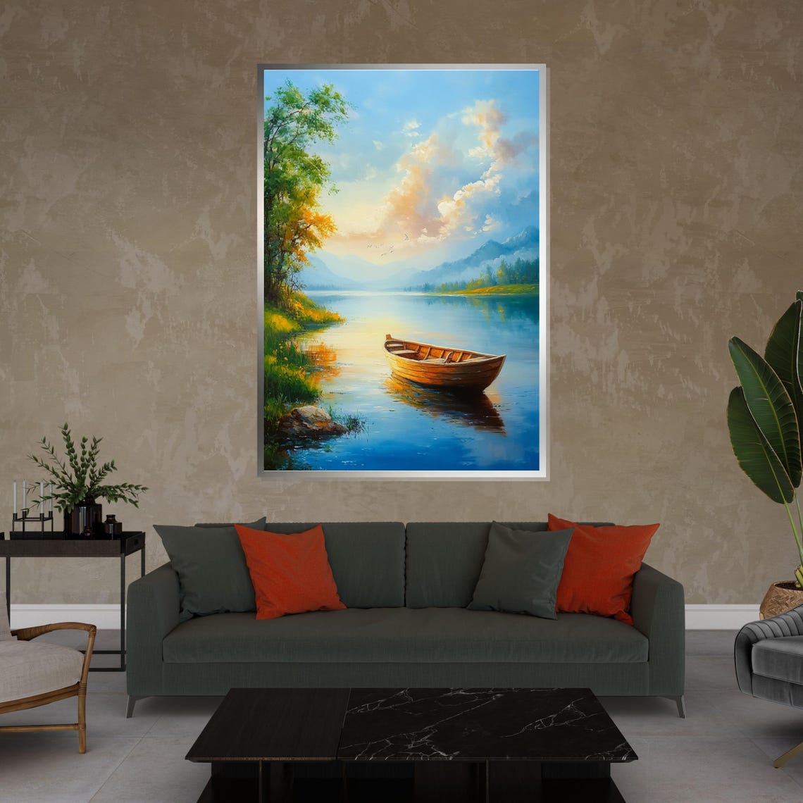 Golden Wooden Rowboat on Calm Blue Lake Sunrise Reflections Poster - Image 4