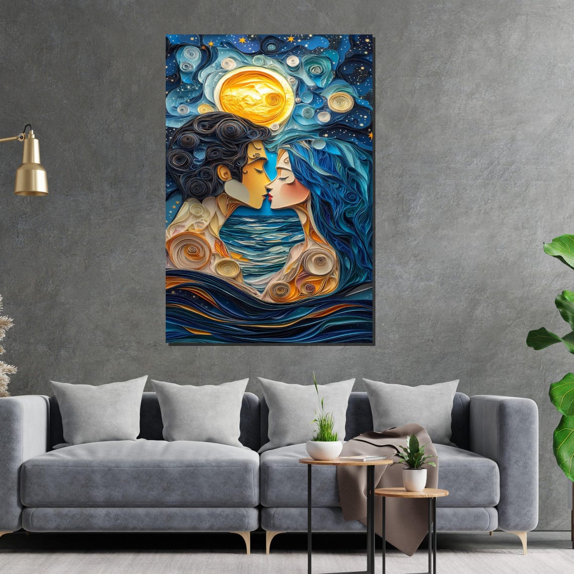 Beautiful Quilled Paper Lovers Kissing Under Moon Night Art Poster - Image 2