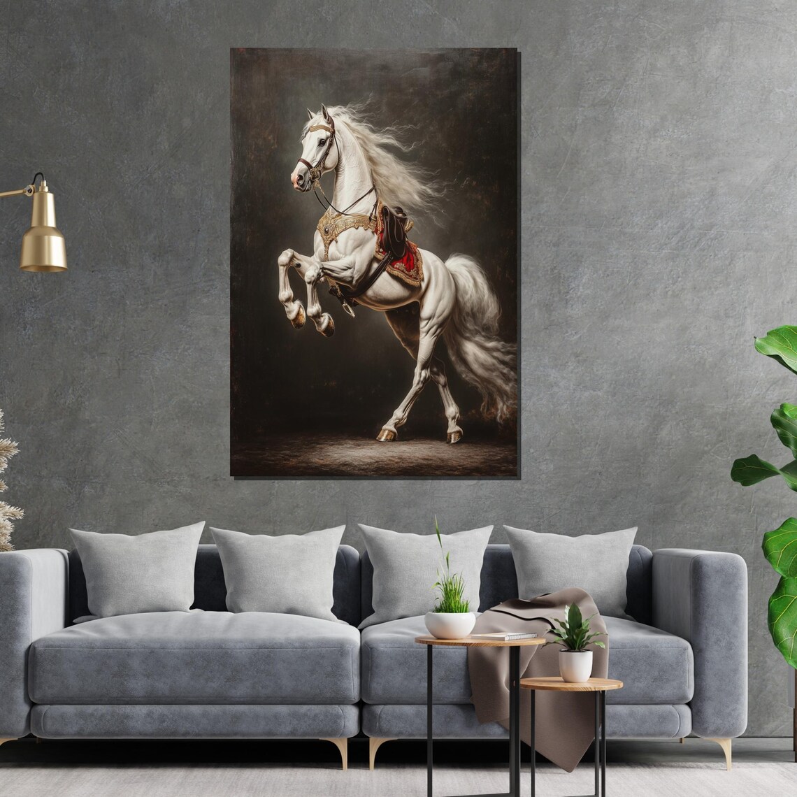 White Horse Rearing Ornate Harness Classical Equestrian Oil Art Poster - Image 2